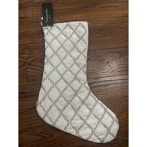 Tahari Home Silver Beaded Christmas Holiday Stocking 18" Lattice Design White